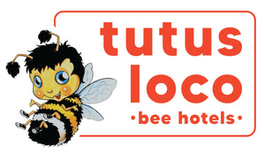 bee cartoon with organisation name, tutus loco, and subtext, bee hotels